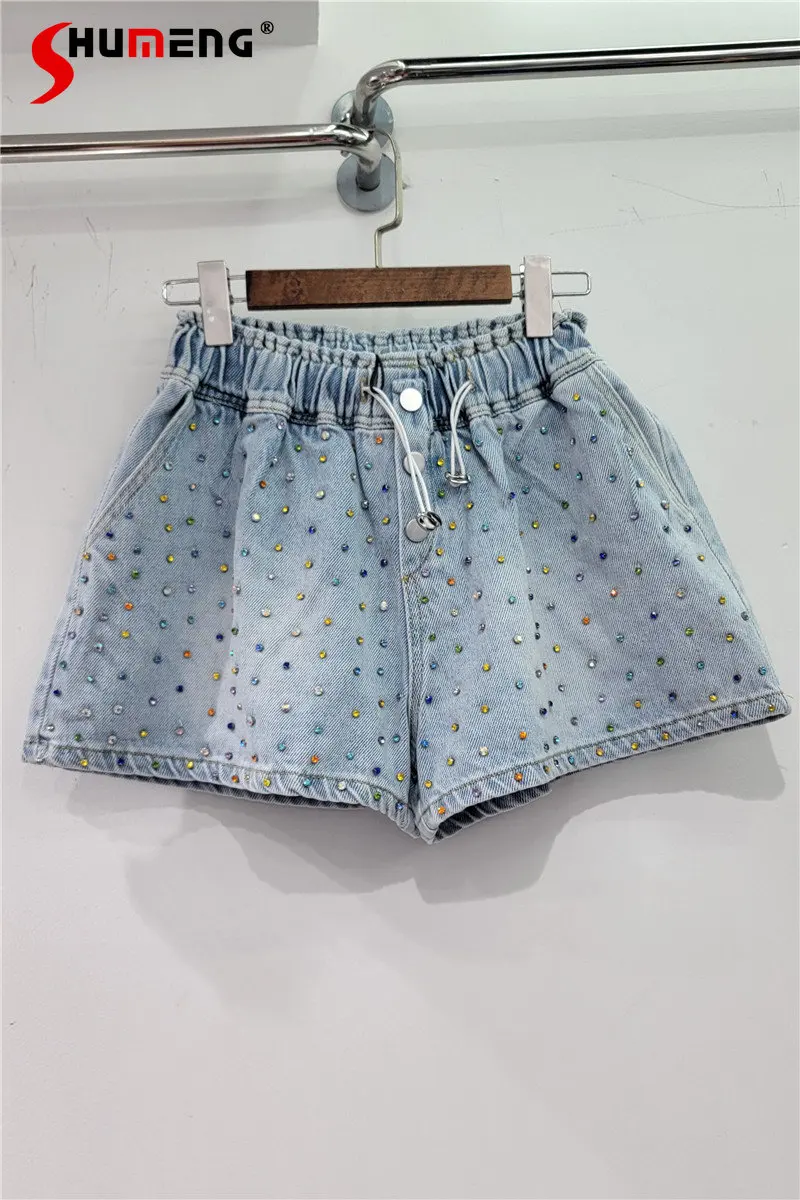 2023 New Spring Summer Full Body Colorful Diamond High Waist Denim Shorts Women Loose Slimming Wide Leg Shorts Femme Short Jeans
