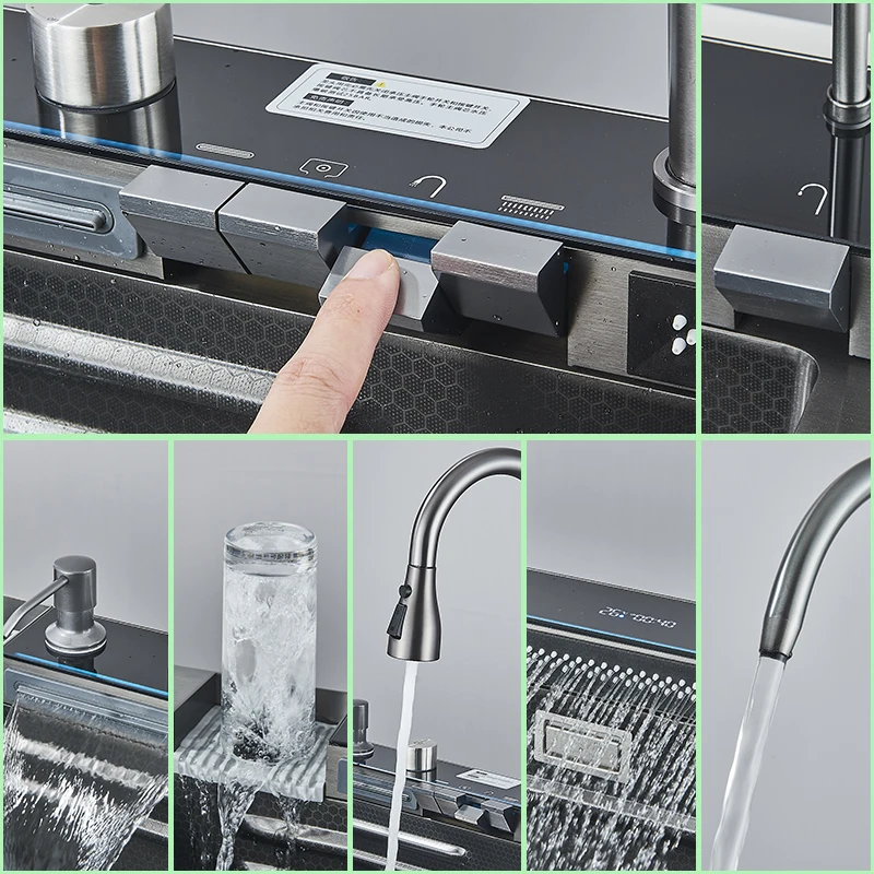 Kitchen Sink with Faucet Digital Display 304 Stainless Steel Large Single Slot Integrated Multifunction Waterfall Rain Sink Set 3