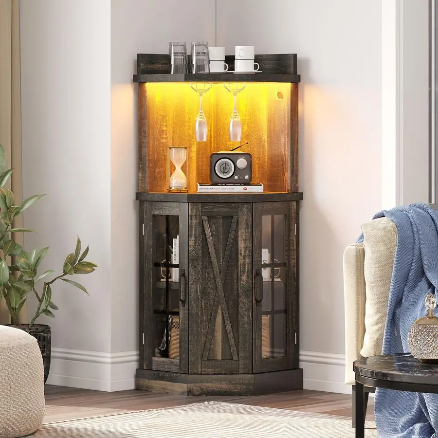 53 Corner Bar Cabinet, Farmhouse Wine Cabinet with Glass Holder amp LED Lights, 4Tiers Liquor Bar with Glass Door amp Shelves fo
