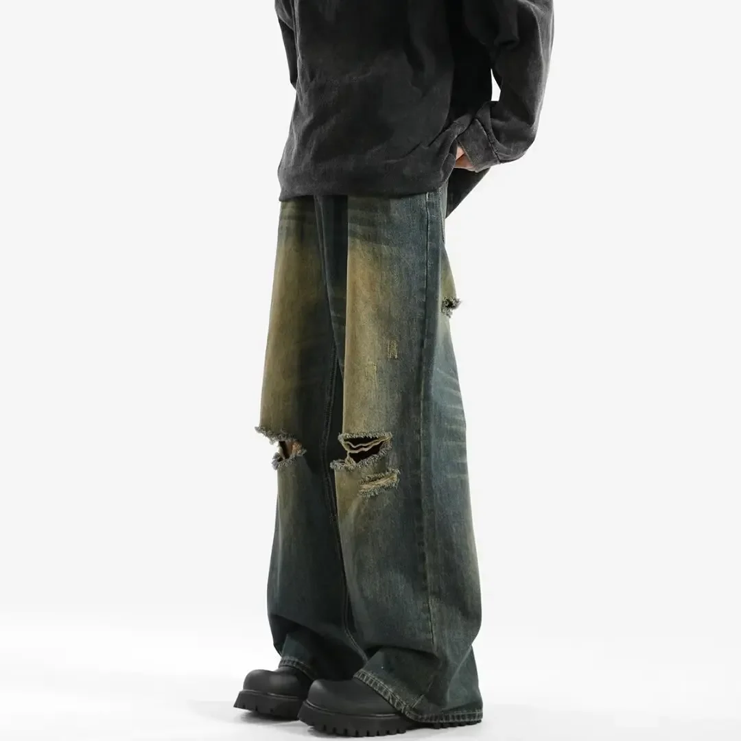 Vintage Hemp Stained Ripped Jeans Men's Summer Trendy Punk Cool Loose-fit Straight-leg Pants Design Sensibility Floor Pants