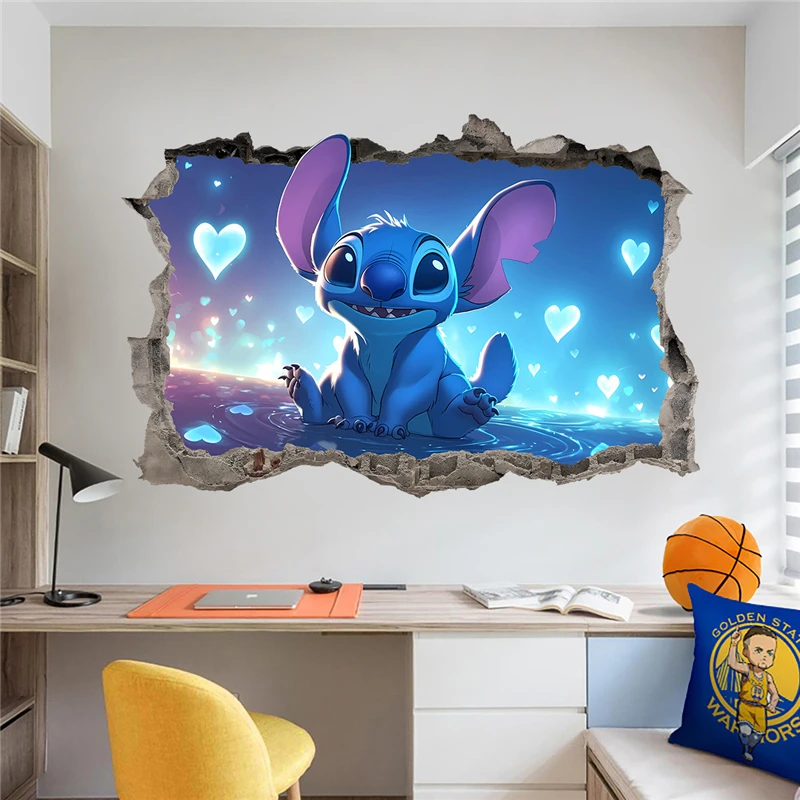 Colorful Lilo & Stitch wall stickers arranged on a child’s bedroom wall, featuring playful poses and tropical elements 01