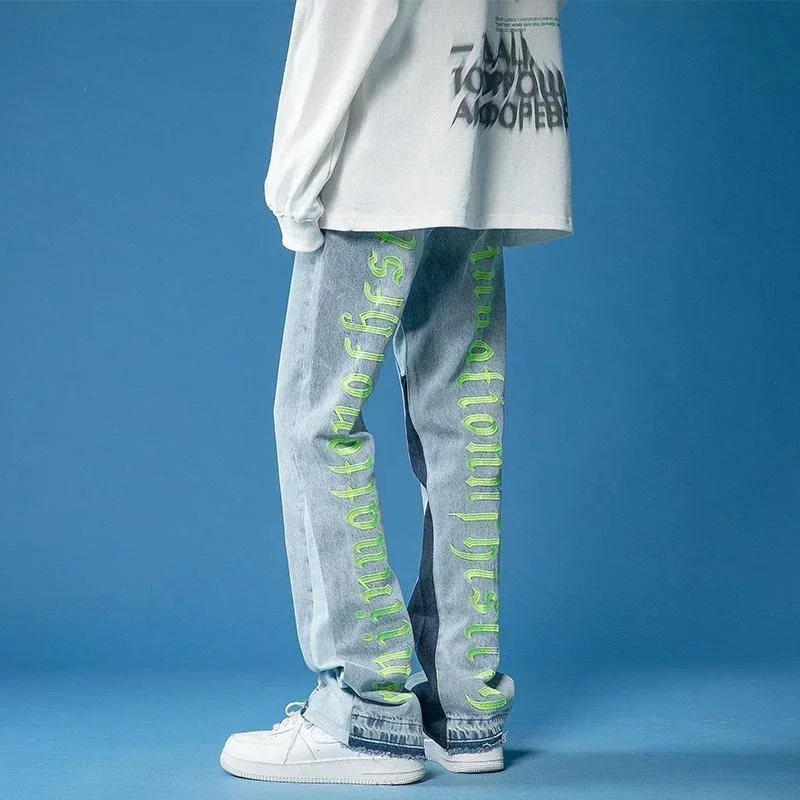 thumbnail image 1 of Pantalones vaqueros masculinos, pantalones de hip hop con estampado, vaqueros rectos para hombre, letras, primavera, otoño, XS, verano 2024, moda, sueltos, retro, 1 of 4