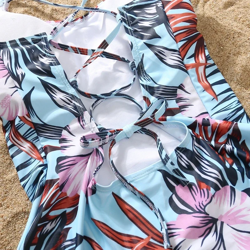 2025 New Mom Daughter Matching Clothes Floral One-Piece Suit Swimwear Girls Back Bandage Swimsuit Boys Swimming Trunks Beachwear 6
