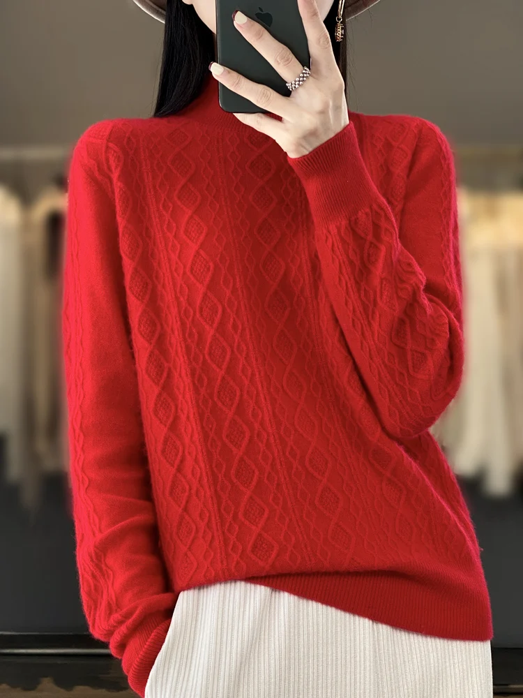 

Autumn Winter New Chic Womens Casual Mock-neck Pullover Sweater 100% Merino Wool Twist Flower High Quality Cashmere Knitwear