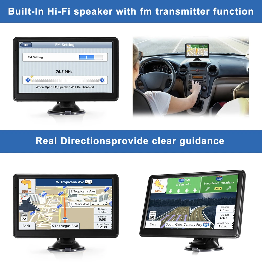 HD 차량용 GPS 네비게이터 FM 송신기, GPS 터치 스크린, 휴대용 위성 네비게이터, 음성 알림 듀얼 시스템, 지도 포함, 7 인치