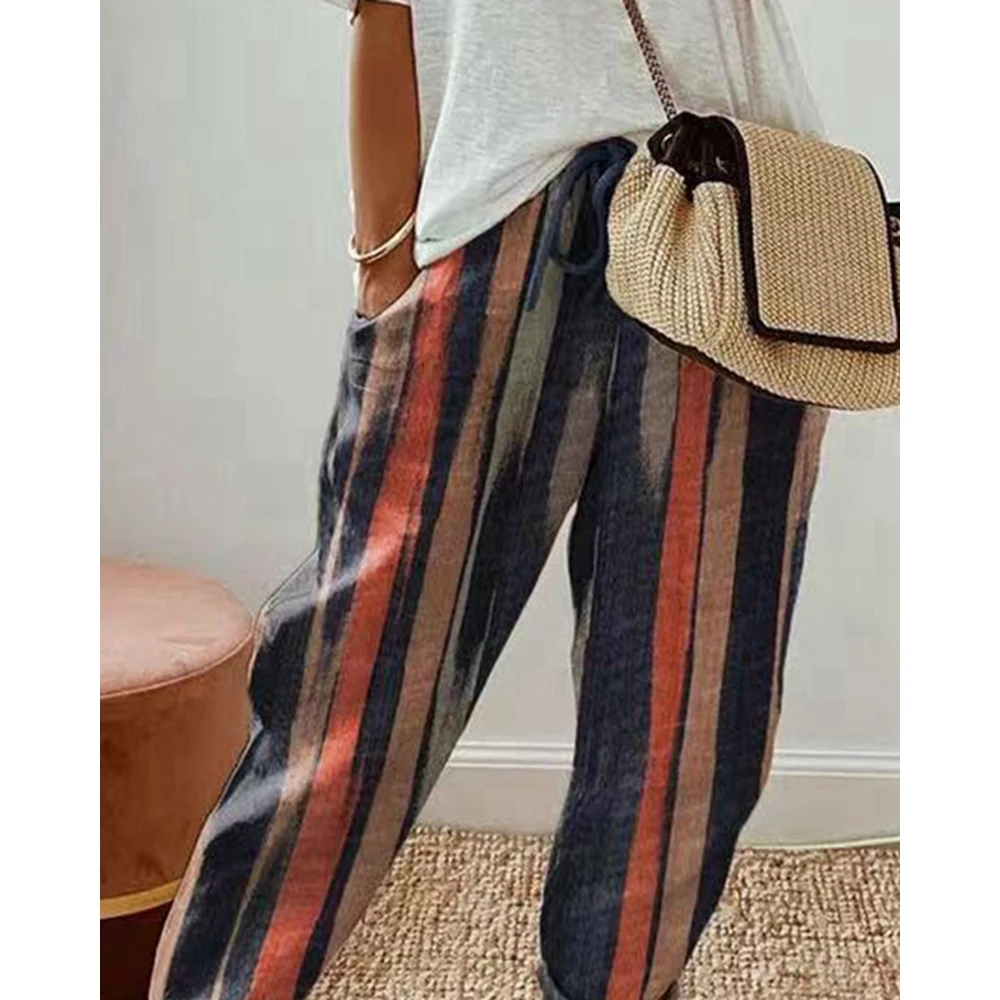 Autumn Women Marble Print Drawstring Drawstring Pocket Design Pants Female Long Cargo Trouses Steetwear Casual Women Clothing