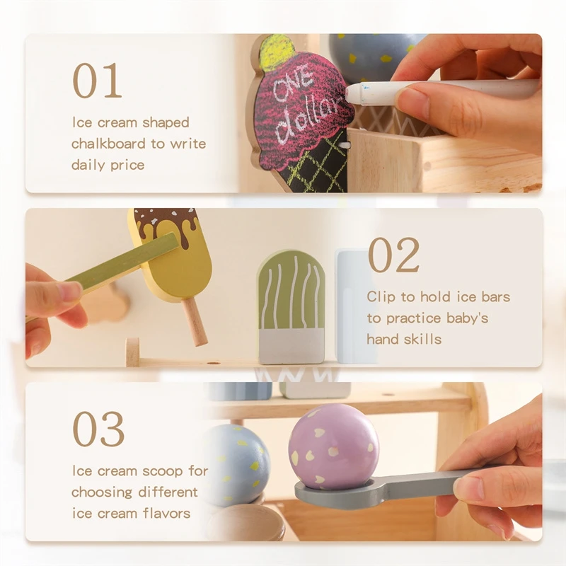 Wooden Ice Cream Toys Pretend Play Simulation Montessori Ice-cream Cone Kitchen Food Toys Preschool Educational for Kids Gifts 2