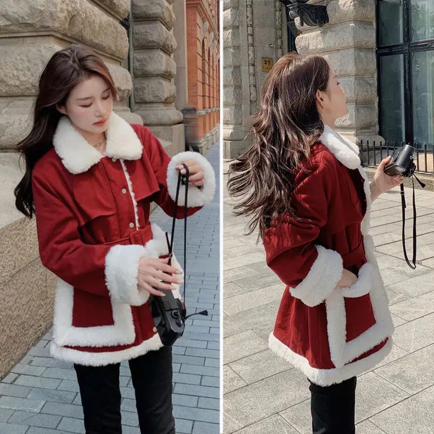 

2023 Women's Fall Winter Jacket Parka Coats Female Medium Long New Loose Fur Integrated Thick Warm Lamb Wool Outerwear T171