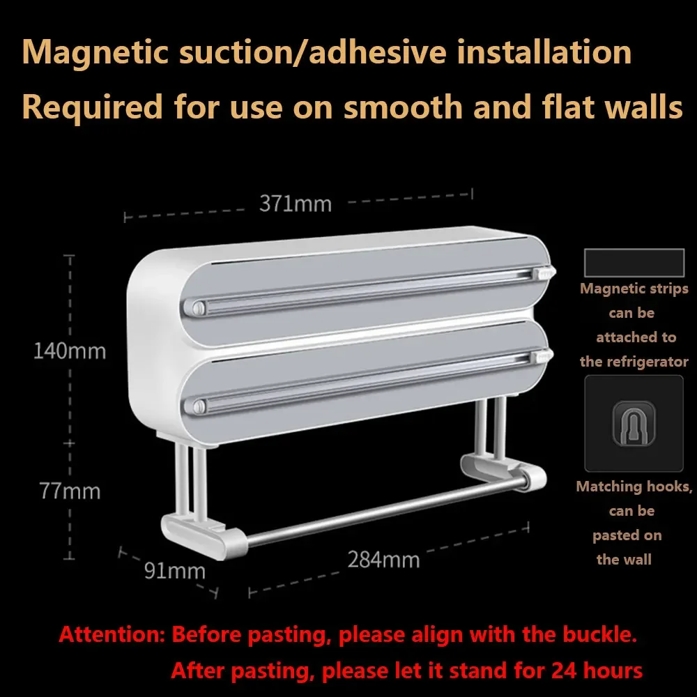 Description Picture 2 of item3in1 Plastic Wrap Dispenser Magnetic & Self adhesive Cling Film Dispenser Cutter Kitchen Tool Aluminum Foil Baking Paper Cutter