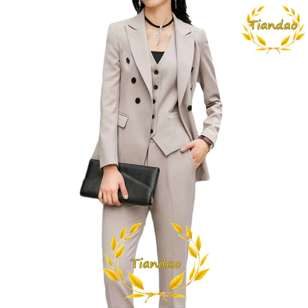 

Женский деловой блейзер цвета хаки, двубортный пиджак из 3 предметов, офисная одежда для работы, Модный Роскошный Блейзер приталенного силуэта