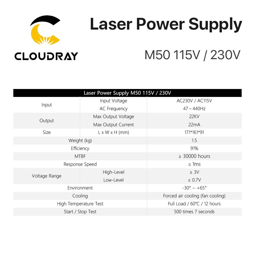 Cloudray-fuente de alimentación láser de CO2 para máquina de marcado láser CO2, 50W, categoría M50, máquina cortadora de grabado