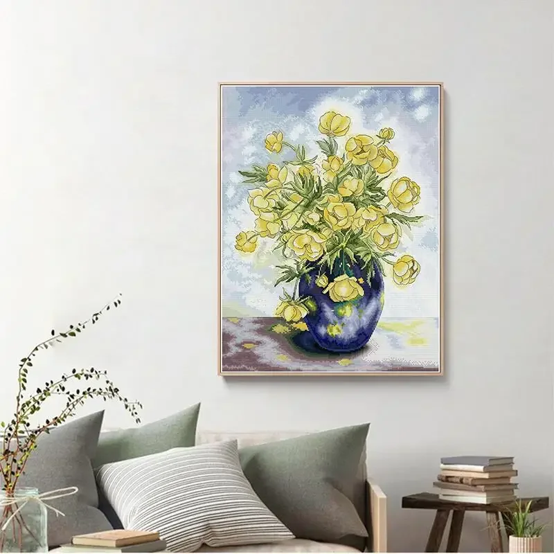 Yellow Flowers with Vase DIY Floral Cross Stitch Kits Aida 14CT 16CT 11CT Count Stamped Fabric Needlework Sewing Set Home Decor