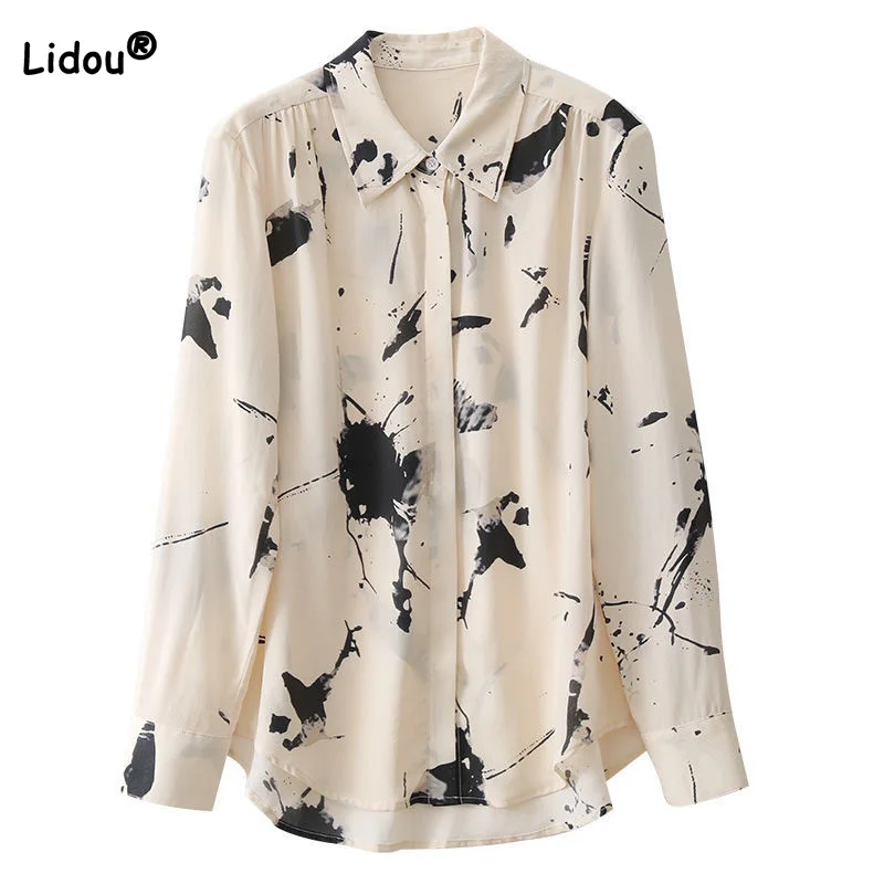 Women's Shirt Spring Autumn Fashion Polo-Neck Ink Painting Print Pleated Loose Long Sleeve Office Lady Chic Button Chiffon Top