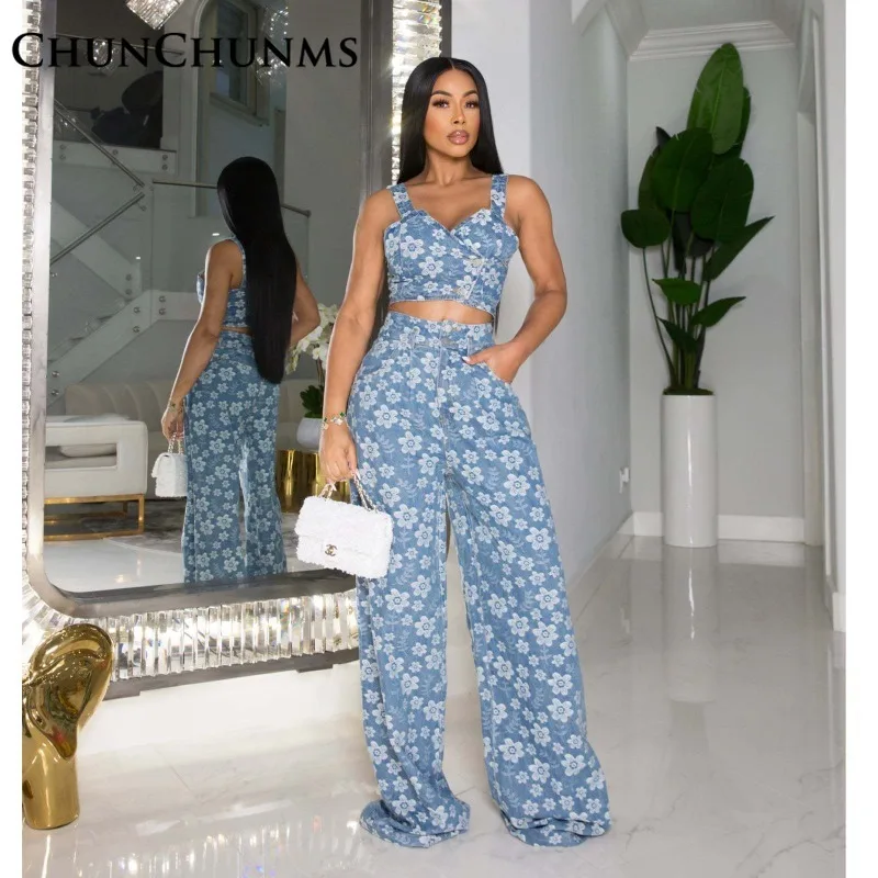 

Sexy Denim Jacquard Vest Tank Top Wide Leg Pant Suit Women Fashion Spaghetti Strap Camisole Straight Sweatpant Jeans Set Trouser