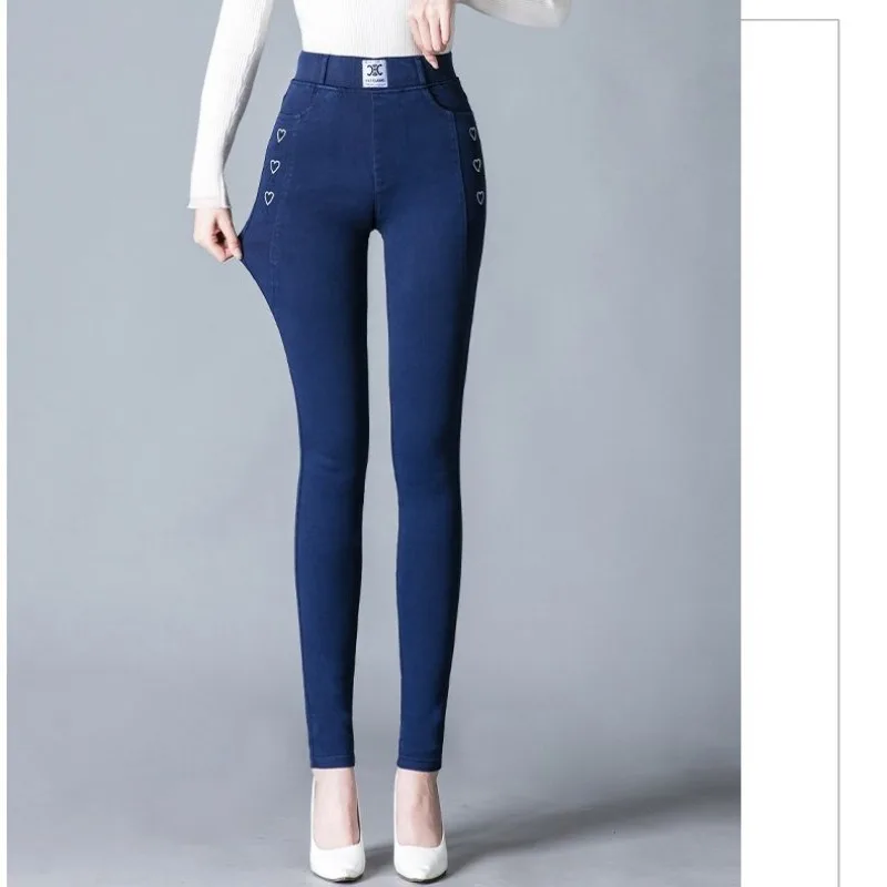 Women's 2024 New Autumn and Winter High Waisted Elastic Printed Pockets Solid Color Versatile Slim Fit Casual Small Leg Jeans
