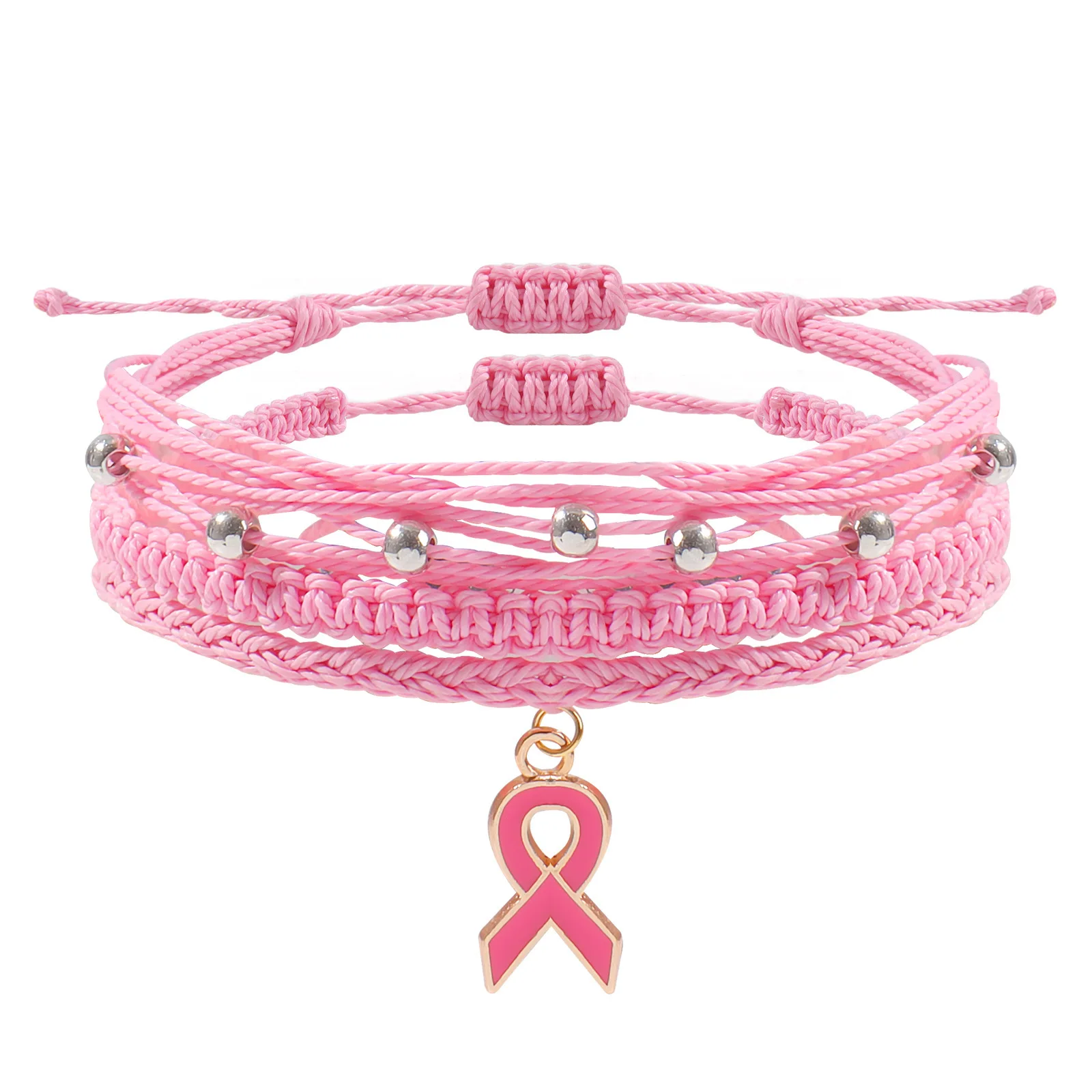 WG 1pc Breast Cancer Awareness Bracelets Multilayer Pink Braided Rope Bracelet With Pendant Breast Cancer Gifts