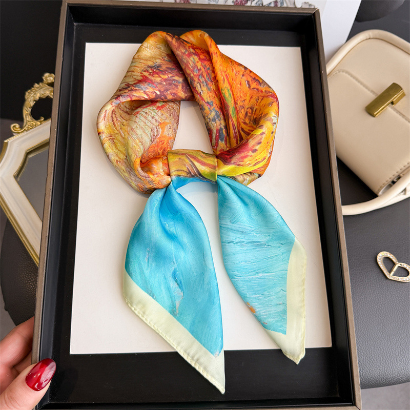 Oil Painting Printed Sunflower Square Scarf Luxury Ladies Neckerchief Soft Satin Shawl Women's Decorative Bandana