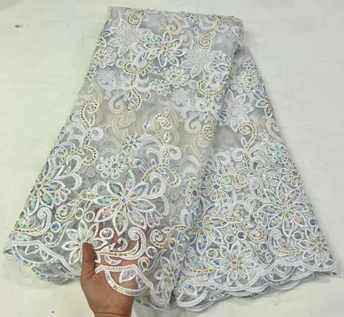 

White High Quality African Handmade Beaded Lace Fabirc 2023 Sewing Embroidery Nigreian Lace Fabric Women Wedding Dress NMH5410