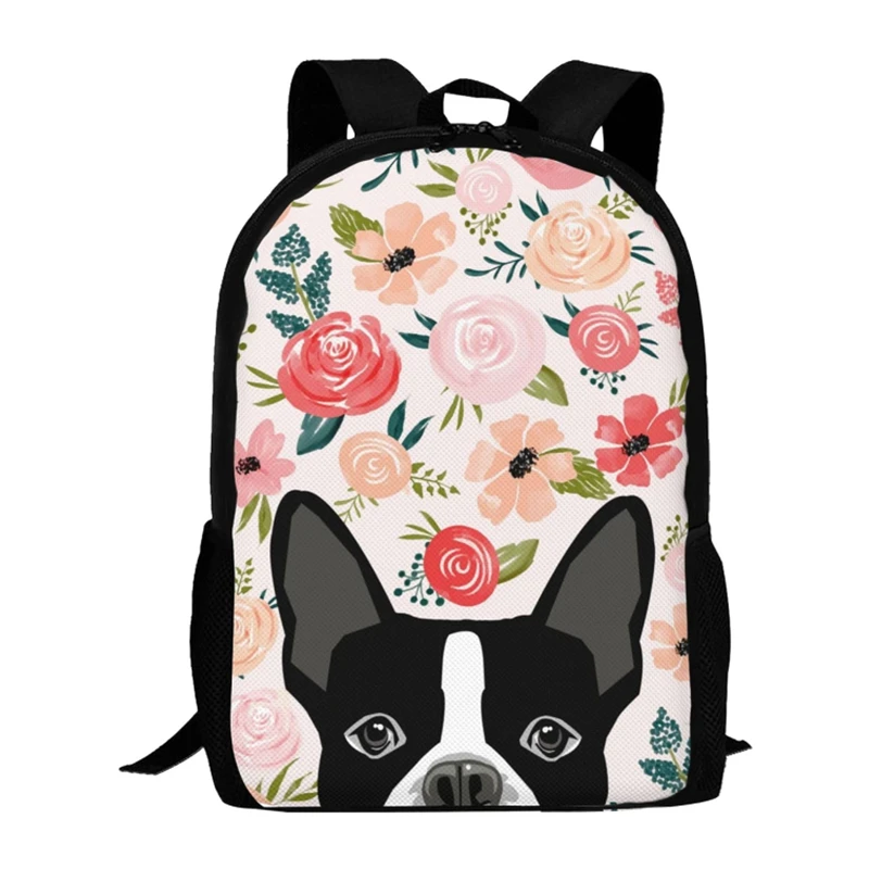 

Рюкзак Boston Terrier с цветами для собак, школьный ранец с забавными розовыми цветами для щенков, бульдогов, Повседневная сумка для студентов, мальчиков и девочек, для спорта и путешествий