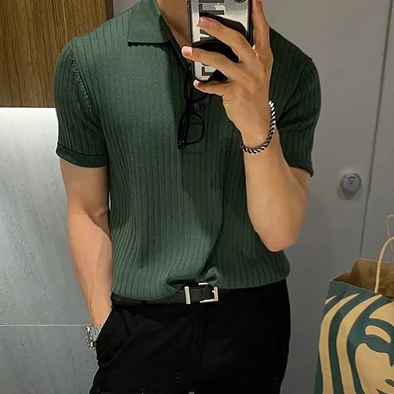 남성용 스트라이프 단추 다운 단색 반팔 티셔츠, 통기성 M-2XL, 럭셔리 니트 폴로 셔츠, 캐주얼 의류