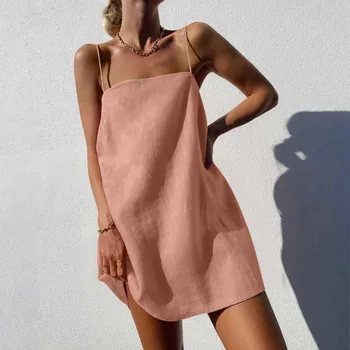 Y2k Camisole Dress Women Cotton Linen Casual Vacation Cute Spaghetti Strap Dresses Summer Trendy Beach Short Sundress 2024 Hot 1