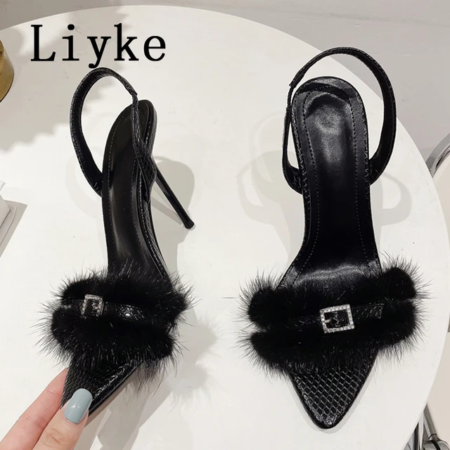 Fluffy Chunky Block High Heel Sandals Ankle Strap Dress Pumps | Sandals  heels, Heels, High heel sandals