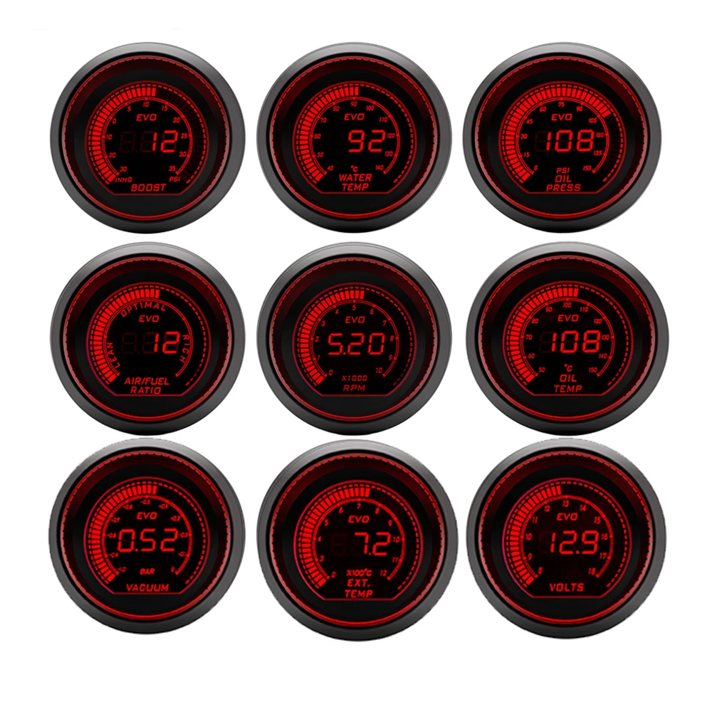 52mm Tachometer RPM Water Temp Oil Temp Oil Press Exhaust Voltmeter Boost Vacuum AFR Gauge Red Blue Backlight LCD Display automobile gauge led voltmeter lcd gauge voltmeter water temperature gauge boat gauge motorcycle temperature gauge