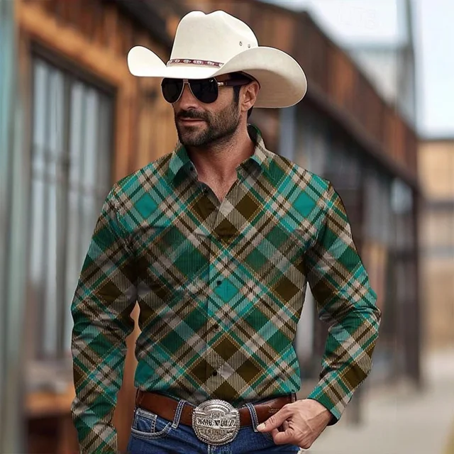 Men's Yellowstone Western Denim Shirt Two-tone patchwork pattern Men's roll-down button top Stylish casual long-sleeved shirt 4