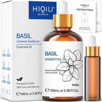 HIQILI 100ML Basil Essential Oils,100% Pure Nature for Aromatherapy, Diffuser, Humidifier, Massage, Energy, Improvement sleep