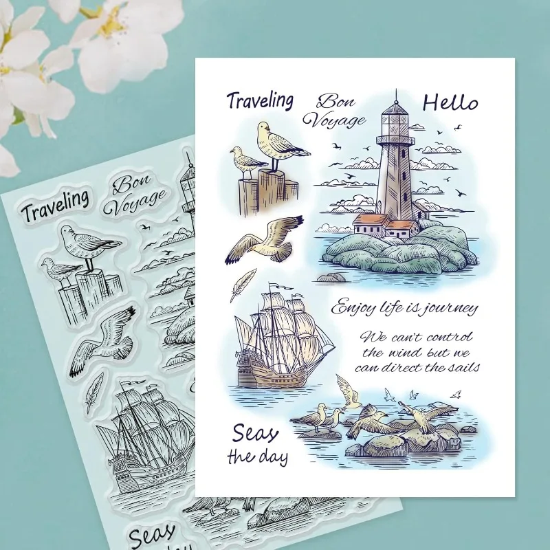 Seagulls Lighthouses Clear Stamps Sailboats Silicone Stamps Wishing Words Transparent Rubber Seal 1Sheet For Card Making clear stamps clear rubber stamps