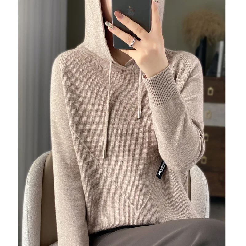 

Wool Blended Autumn and Winter New Women's Loose Hooded Sweater Solid Color Pullover Keep Warm Knitwear Sweater