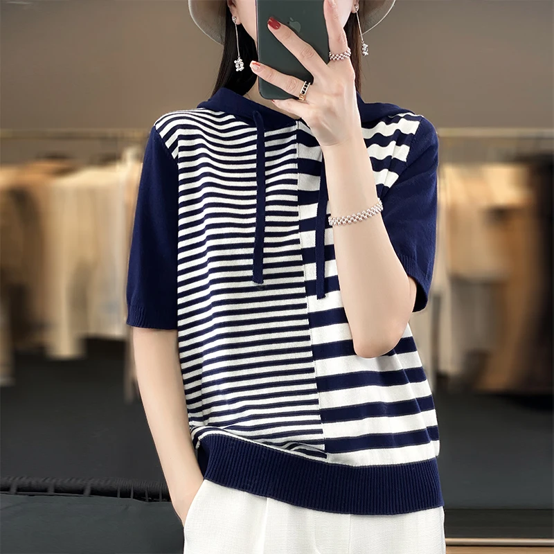 

100% Cotton Hooded Short Sleeved Women's Summer Contrasting Color Korean Fashion Loose Fitting Pullover T-Shirt knit Top