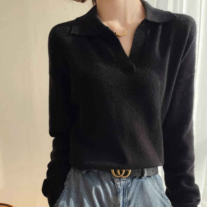 Women's Collar Knitted Sweater SpringAutumn Sleeved Solid Color Loose Korean Style Fashionable Lapel Pullover Jumper Top 5