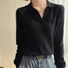 Women's Collar Knitted Sweater SpringAutumn Sleeved Solid Color Loose Korean Style Fashionable Lapel Pullover Jumper Top 5
