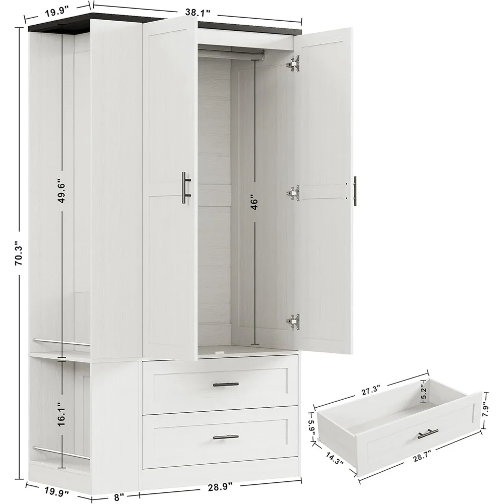 Armoire Wardrobe Closet with Large Mirror, Storage Cabinet with 2 Doors and 2 Drawers, 2 Storage Shelves, 70" Wardrobe Cabinet
