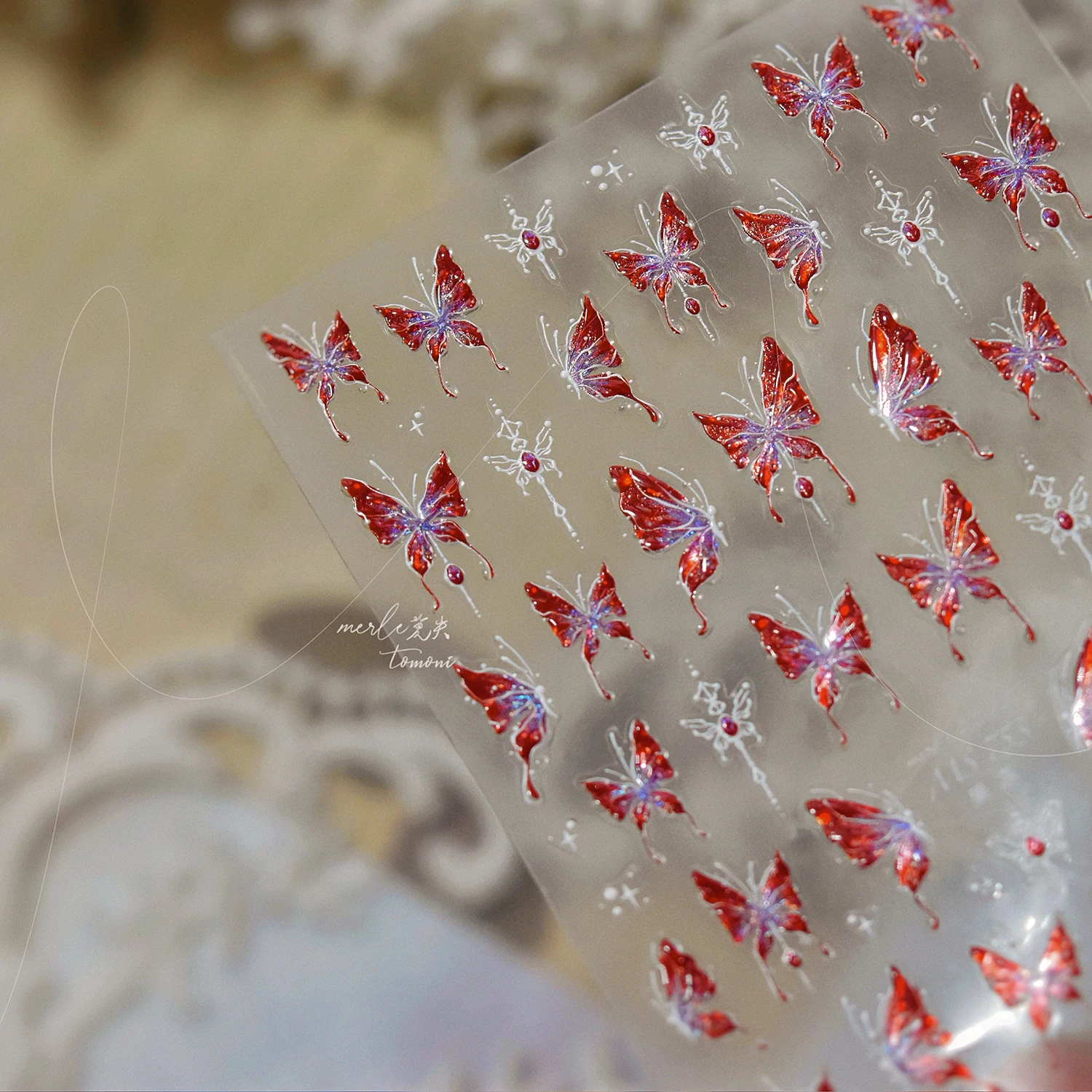 Vibrant Red Butterfly 5D Nail Art Stickers - Spring Flower Relief Design