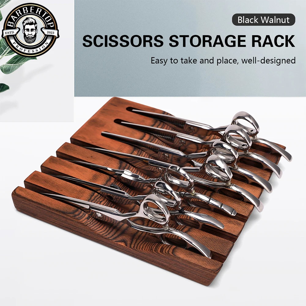 Wooden Scissors Display Tray  Rack 7 Card Slots Comb Desktop Box Hairdressing Organizer Stand Tool unique mannequin jewelry rack side face profile colorfast resin necklace mannequin holder jewelry shop tool