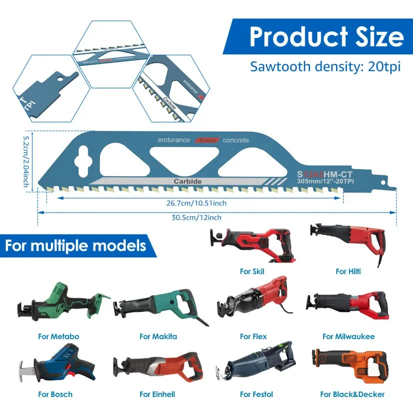 12in Demolition Masonry Reciprocating Saw Blade Hard Alloy Blade Cutting Brick Wood Metal PVC Tube Porous Concrete 1pc