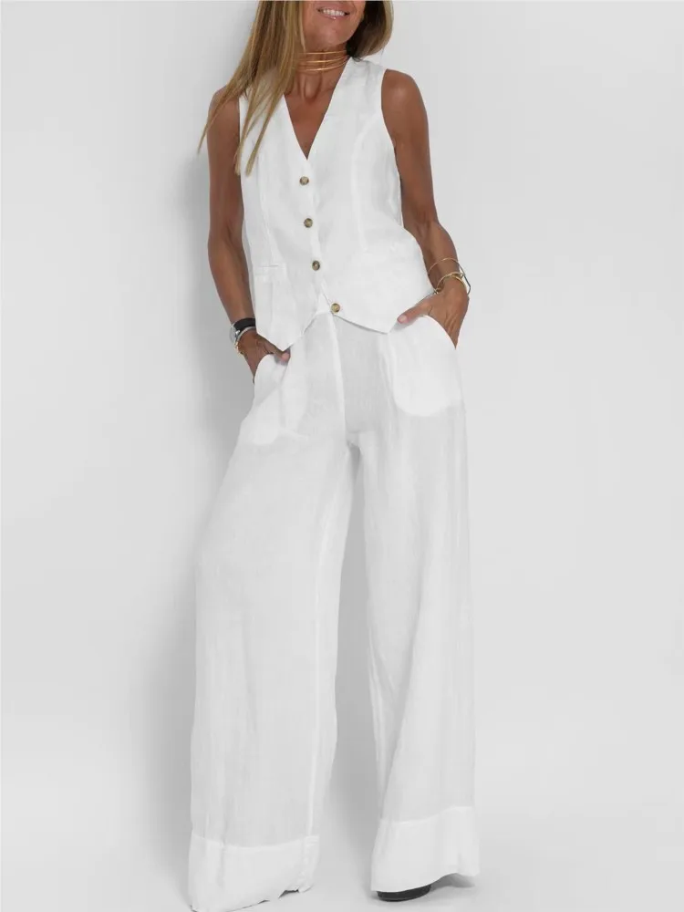 Women's Fashion Elegant V-neck Sleeveless Suit Summer Casual Top & Wide Leg Pants Set Office Holiday Black White New Sets 2024