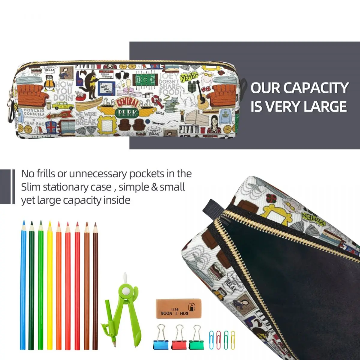 프렌즈 키 미국 TV 시리즈 필통 센트럴 퍼크 펜 홀더 가방 어린이 대용량 학교 용품 지퍼 필통