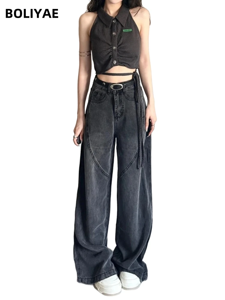 

Boliyae 2024 Women Retro Black Baggy Jeans Y2K Streetwear Fashion Wide Leg Denim Pants Harajuku American Loose Straight Trousers