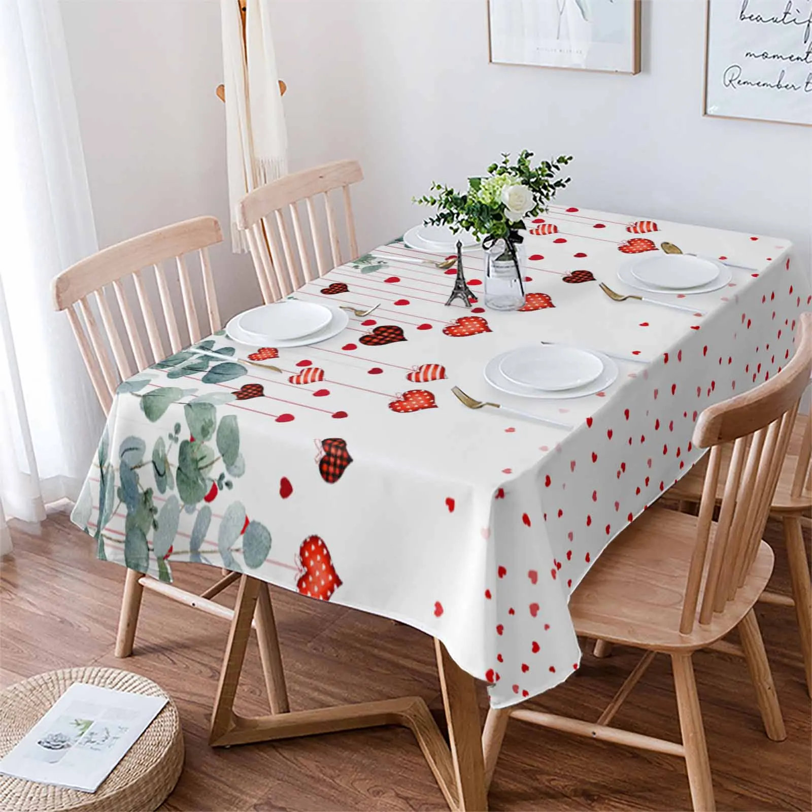 

Valentine'S Day Eucalyptus Leaf Love Table Cloth Waterproof Dining Tablecloth Kitchen Decorative Party Table Cover
