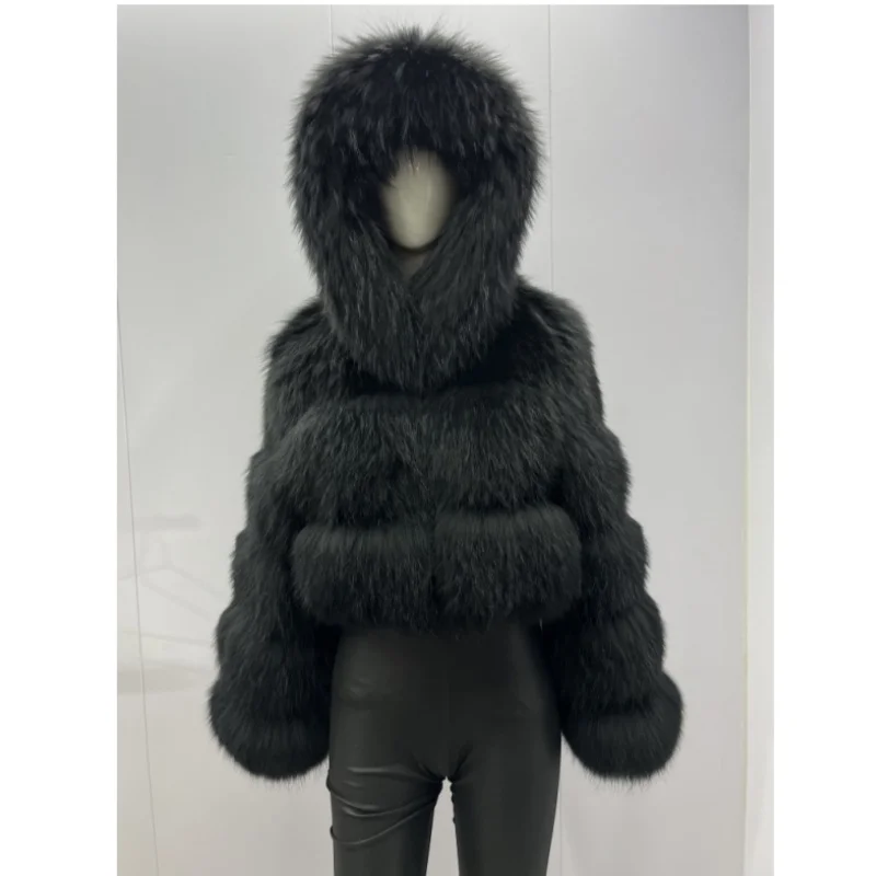 BEIZIRU Women's Winter Fur Coat Hooded Luxury Real Raccoon