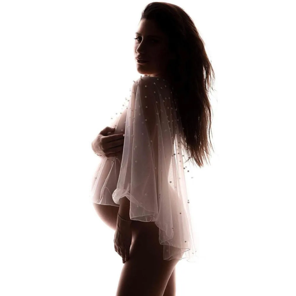See Through Pearl Maternity Photography Cape Boat Neck Transparent Tulle Pearls Pregnancy Photo Shoot Short Cape 4