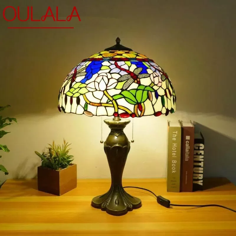 

OULALA Tiffany Table Lamp American Retro Living Room Bedroom Lamp Luxurious Villa Hotel Stained Glass Desk Lamp