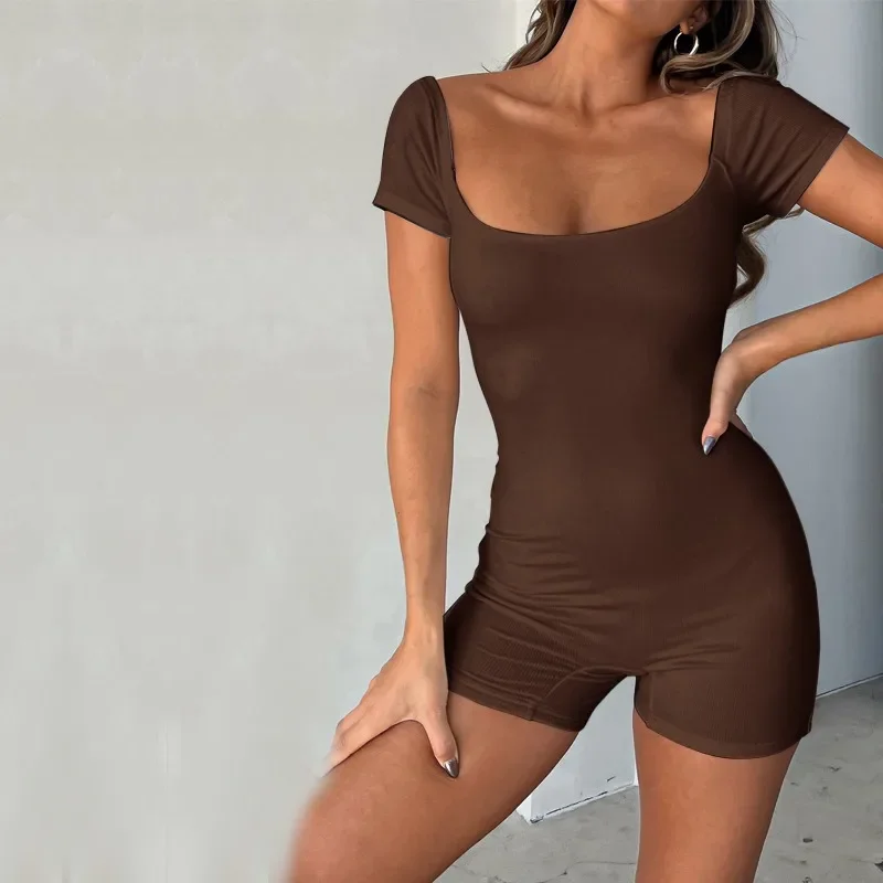 2024 Women Short Jumpsuit Young Girl Harajuku Short Sleeve Square Neck Solid Slim Fit Summer Playsuit for Daily Party Y2k YDL37