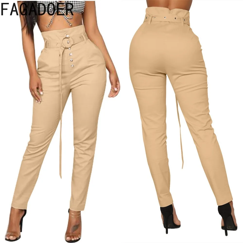 FAGADOER Khaki Elegant Lady Belt Pencil Pants Women High Waisted Button Skinny Trousers Casual Female Solid Color Bottoms Autumn women pant suit office lady ol girl jacket blazer trousers beige pink khaki apricot coffee black blue fashion 2 piece set 5xl