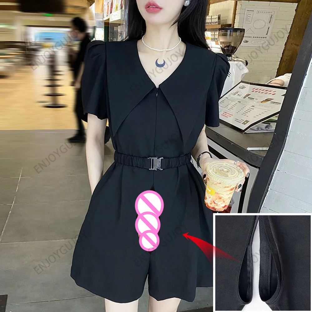 Invisible Open Crotch Outdoor Sex Summer Women's Clothing Wide Leg Shorts Eroticism Jumpsuit Fashion Temperament Tooling Pants