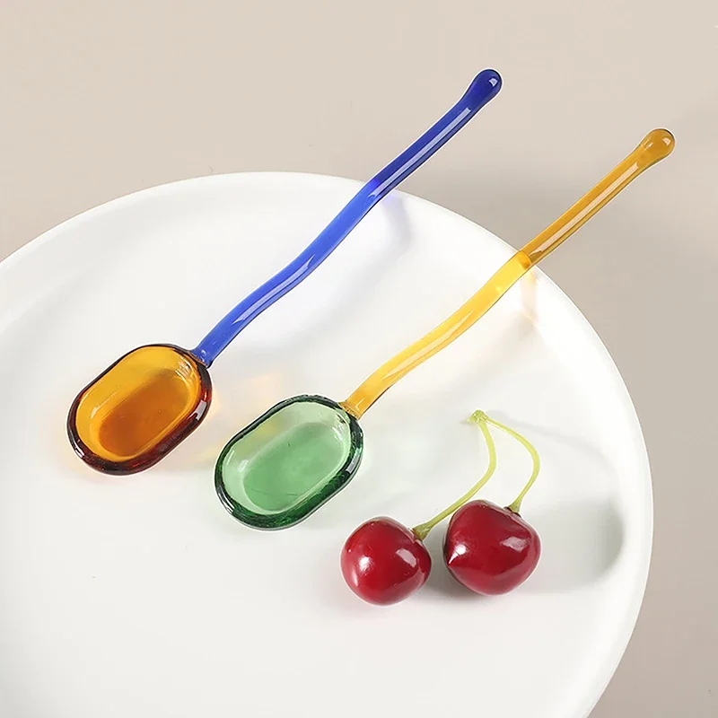 Creative Glass Dessert Spoon Colored Transparent Coffee Dessert Stirring Spoon Long Handle Spoon Kitchen Tableware