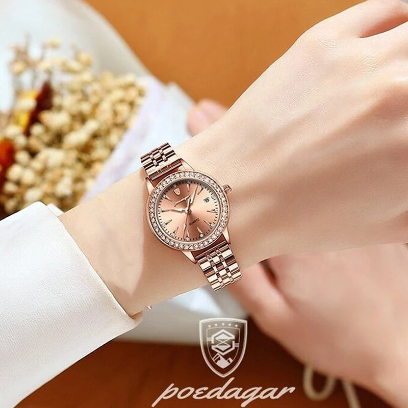 POEDAGAR Diamond Bracelet Womens Watches Elegant Rose Gold Top Brand Waterproof Quartz Ladies Watch Luxury Steel Strap Calendar